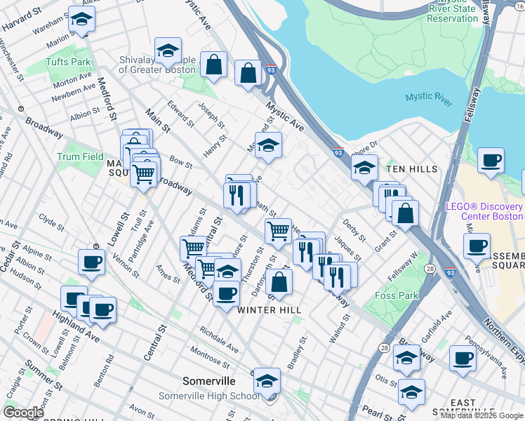 map of restaurants, bars, coffee shops, grocery stores, and more near 38 Bond Street in Somerville