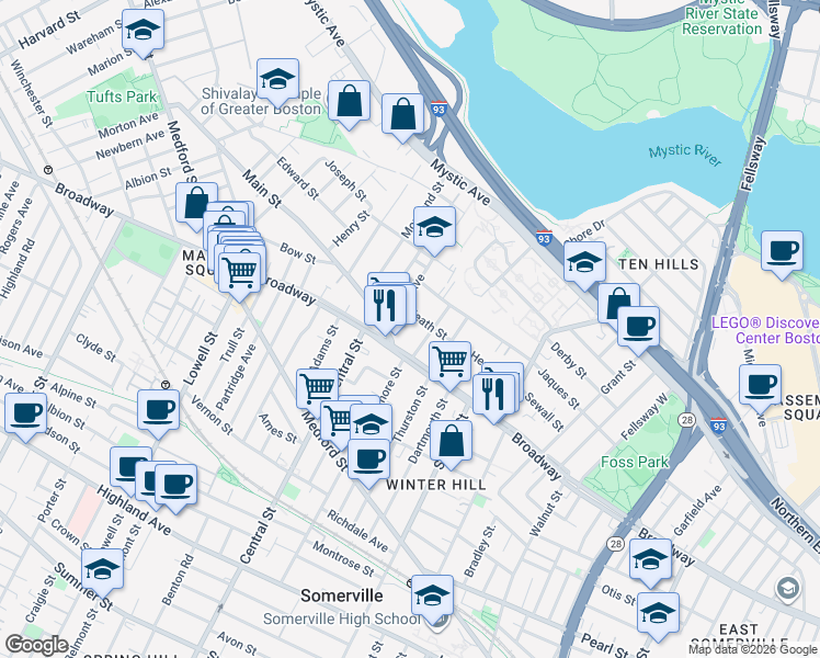 map of restaurants, bars, coffee shops, grocery stores, and more near 107 Heath Street in Somerville