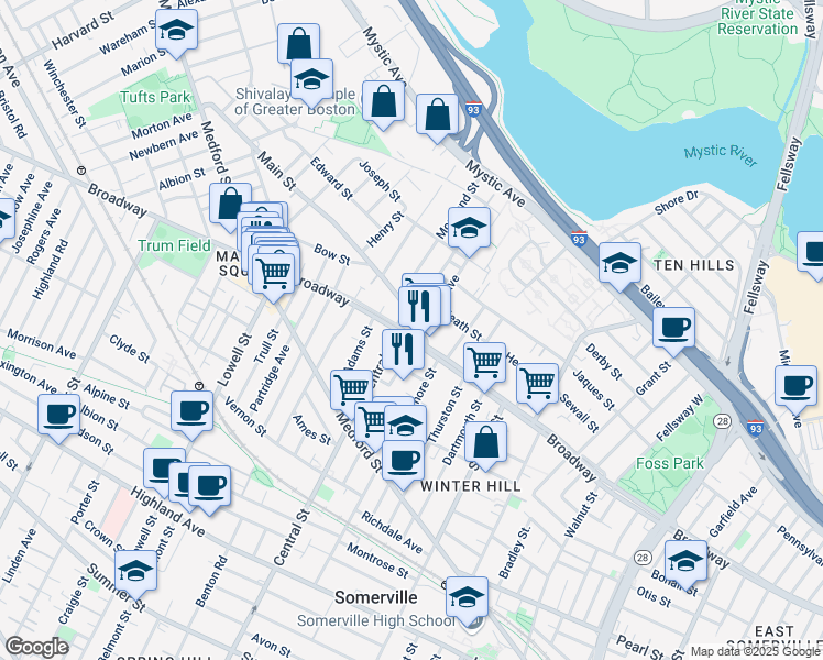 map of restaurants, bars, coffee shops, grocery stores, and more near 33 Main Street in Somerville