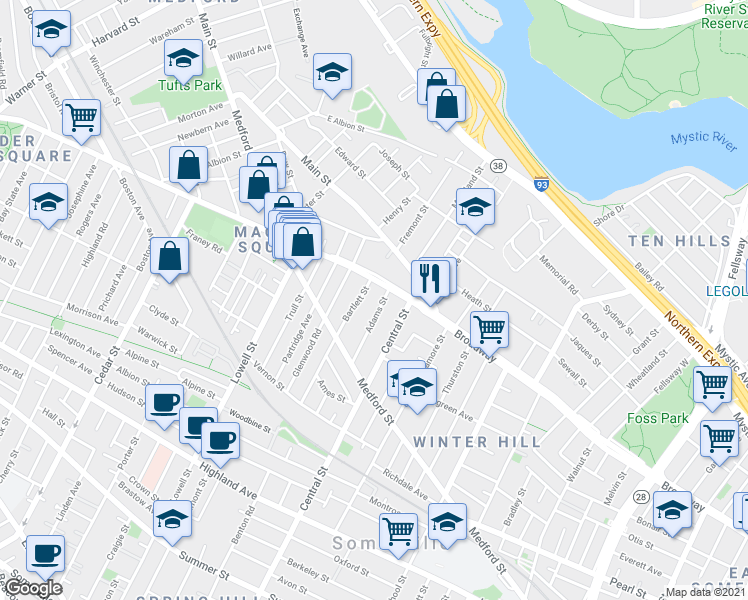 map of restaurants, bars, coffee shops, grocery stores, and more near 427A Broadway in Somerville