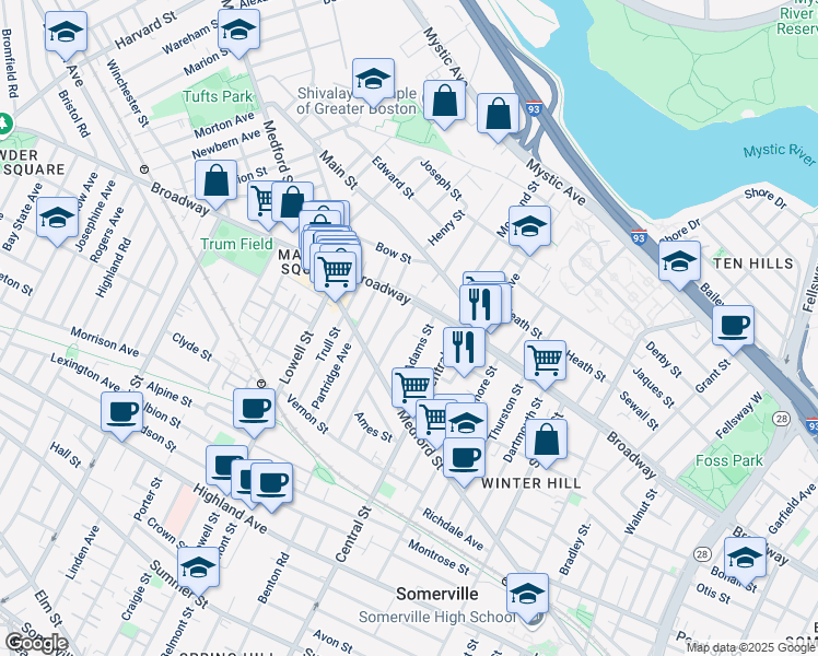 map of restaurants, bars, coffee shops, grocery stores, and more near 427A Broadway in Somerville