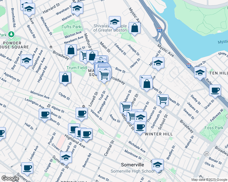 map of restaurants, bars, coffee shops, grocery stores, and more near 112 Glenwood Road in Somerville