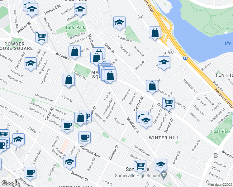 map of restaurants, bars, coffee shops, grocery stores, and more near 499 Medford Street in Somerville