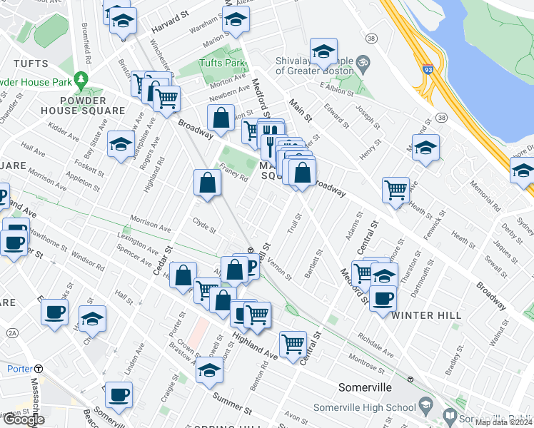 map of restaurants, bars, coffee shops, grocery stores, and more near 36 Hinckley Street in Somerville