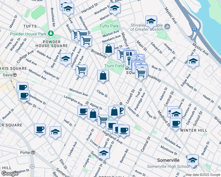 map of restaurants, bars, coffee shops, grocery stores, and more near 1 Franey Road in Somerville