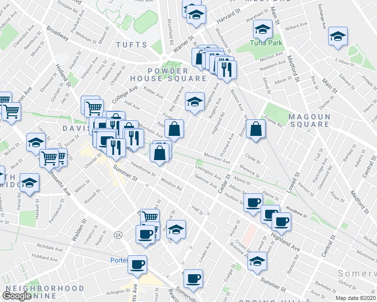 map of restaurants, bars, coffee shops, grocery stores, and more near in Somerville