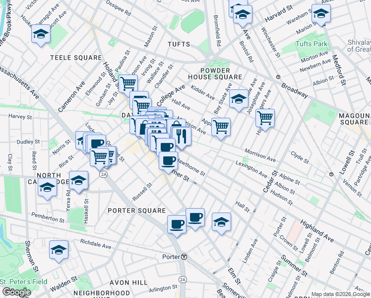 map of restaurants, bars, coffee shops, grocery stores, and more near 29 Ellington Road in Somerville