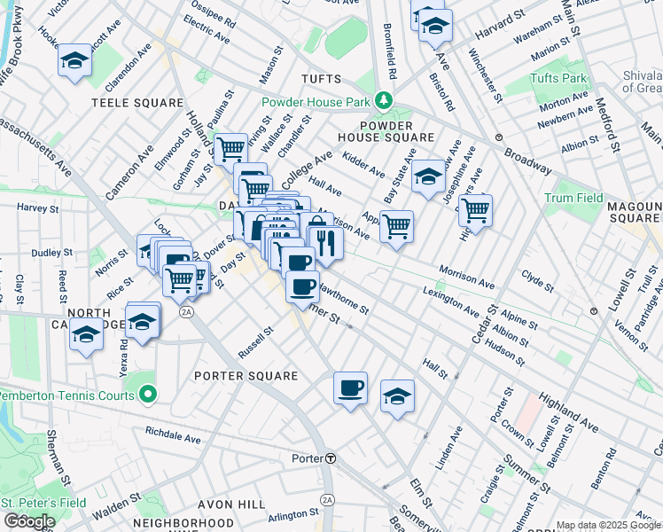 map of restaurants, bars, coffee shops, grocery stores, and more near 29 Ellington Road in Somerville
