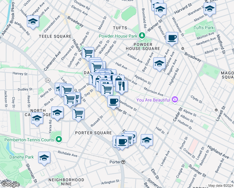 map of restaurants, bars, coffee shops, grocery stores, and more near 29 Ellington Road in Somerville