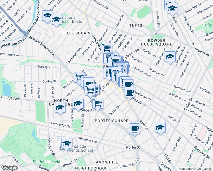 map of restaurants, bars, coffee shops, grocery stores, and more near 88 Dover Street in Somerville