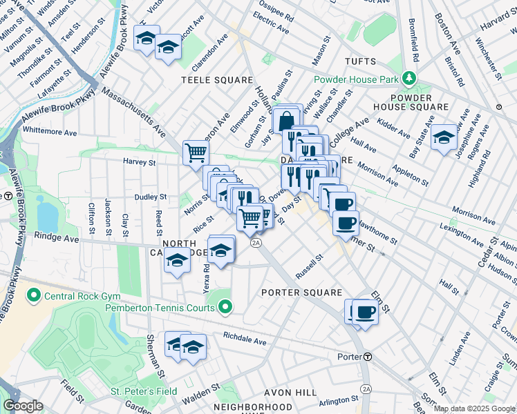 map of restaurants, bars, coffee shops, grocery stores, and more near 155 Orchard Street in Somerville