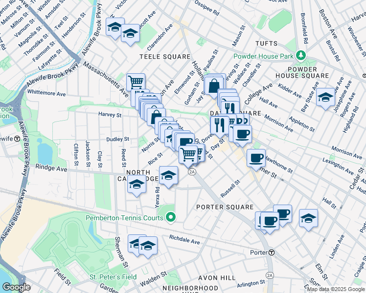 map of restaurants, bars, coffee shops, grocery stores, and more near 9 Locke Street in Cambridge