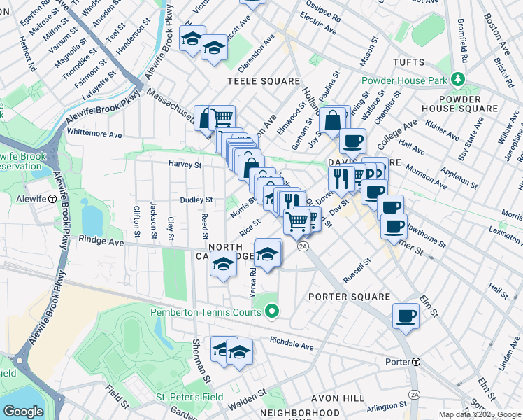map of restaurants, bars, coffee shops, grocery stores, and more near in Cambridge