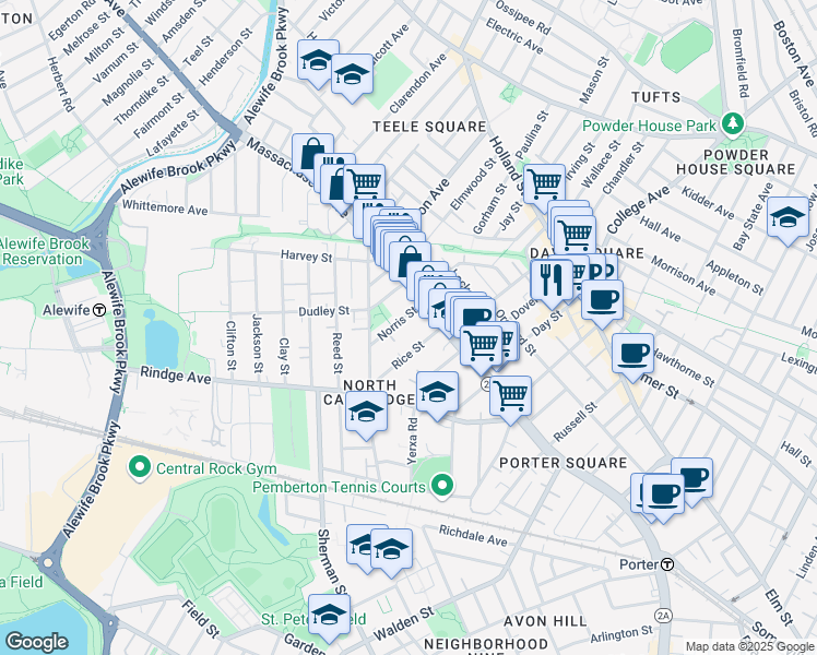 map of restaurants, bars, coffee shops, grocery stores, and more near 22 Dudley Street in Cambridge