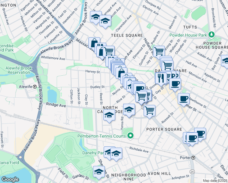 map of restaurants, bars, coffee shops, grocery stores, and more near 22 Dudley Street in Cambridge