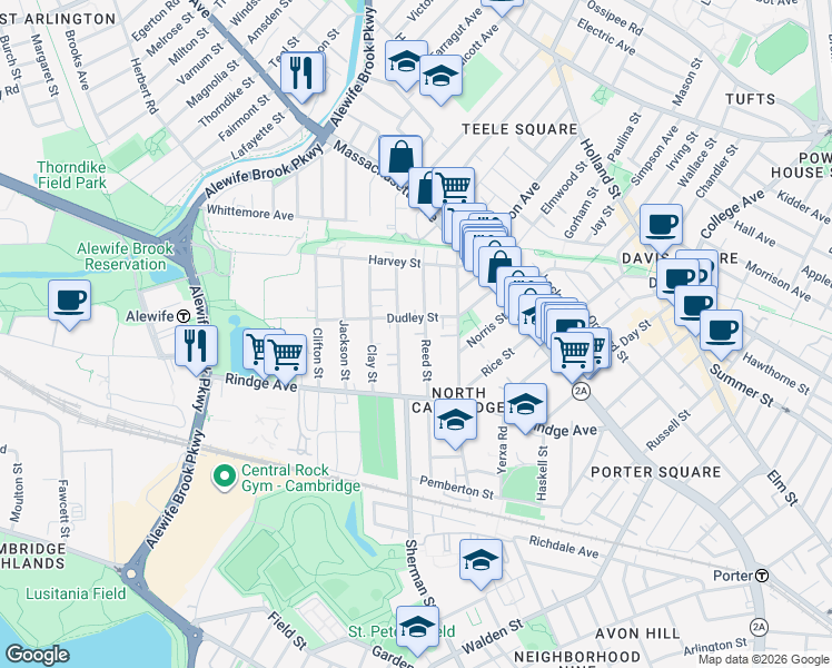 map of restaurants, bars, coffee shops, grocery stores, and more near 91 Montgomery Street in Cambridge