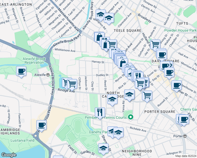 map of restaurants, bars, coffee shops, grocery stores, and more near 95 Dudley Street in Cambridge