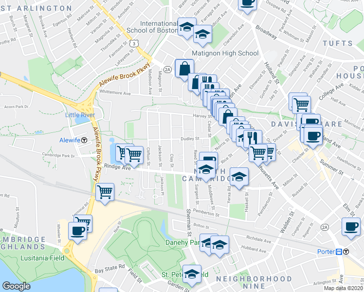 map of restaurants, bars, coffee shops, grocery stores, and more near 95 Dudley Street in Cambridge
