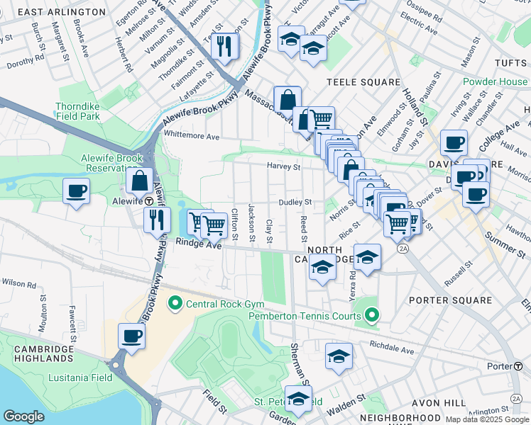 map of restaurants, bars, coffee shops, grocery stores, and more near 133 Dudley Street in Cambridge