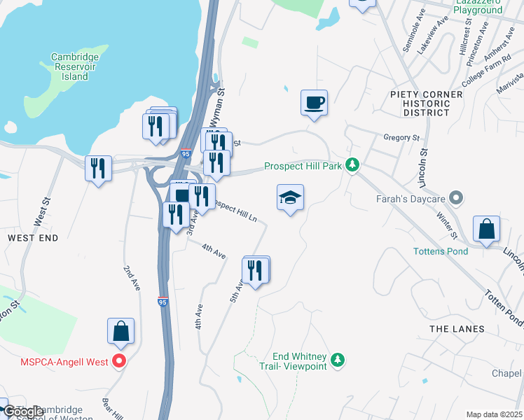 map of restaurants, bars, coffee shops, grocery stores, and more near 450 Totten Pond Road in Waltham