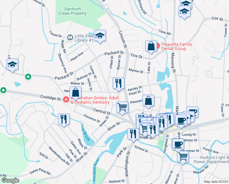 map of restaurants, bars, coffee shops, grocery stores, and more near 43 Warner Street in Hudson