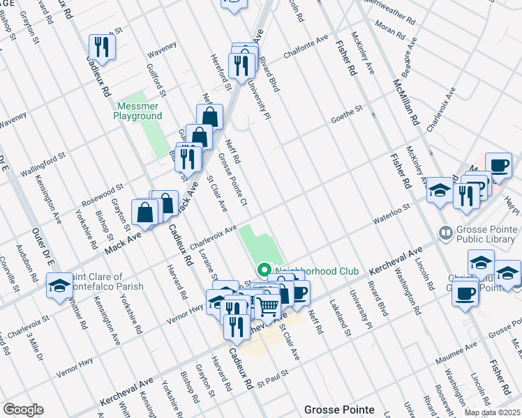 map of restaurants, bars, coffee shops, grocery stores, and more near 822 Neff Road in Grosse Pointe