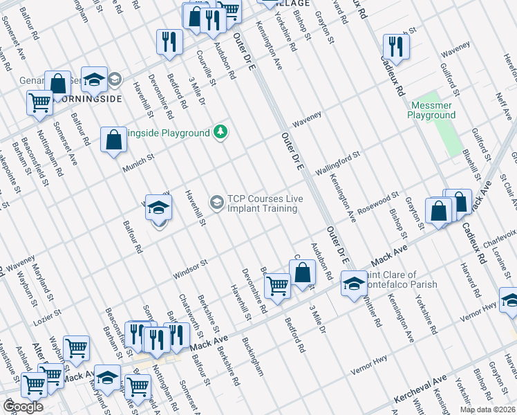 map of restaurants, bars, coffee shops, grocery stores, and more near 4015 Courville Street in Detroit