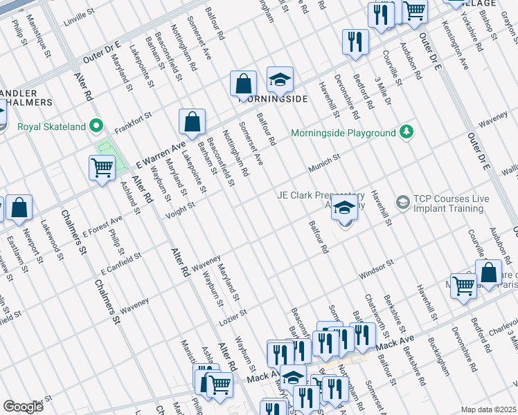 map of restaurants, bars, coffee shops, grocery stores, and more near 4619 Nottingham Road in Detroit