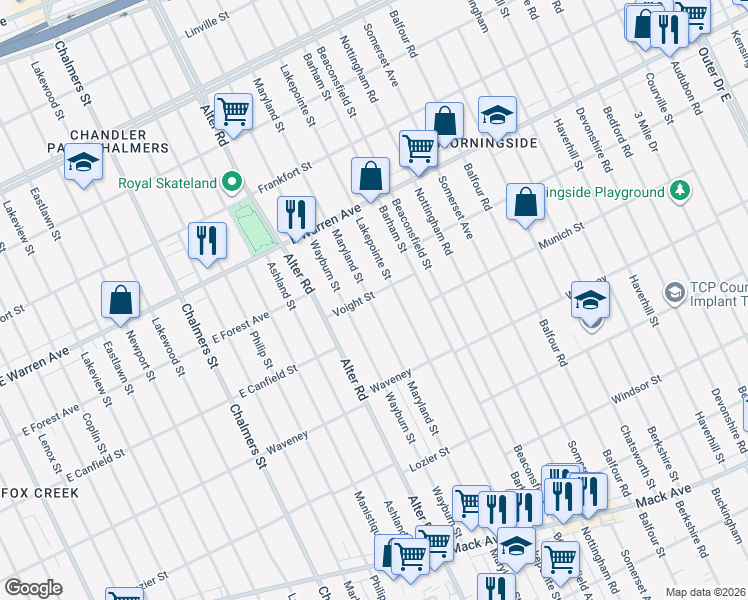 map of restaurants, bars, coffee shops, grocery stores, and more near 4721 Lakepointe Street in Detroit