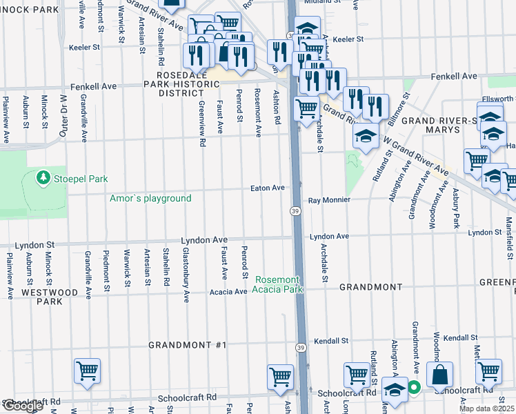 map of restaurants, bars, coffee shops, grocery stores, and more near 14650 Rosemont Avenue in Detroit