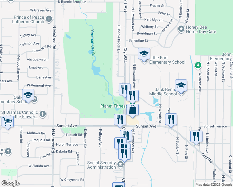 map of restaurants, bars, coffee shops, grocery stores, and more near 2416 North Lewis Avenue in Waukegan
