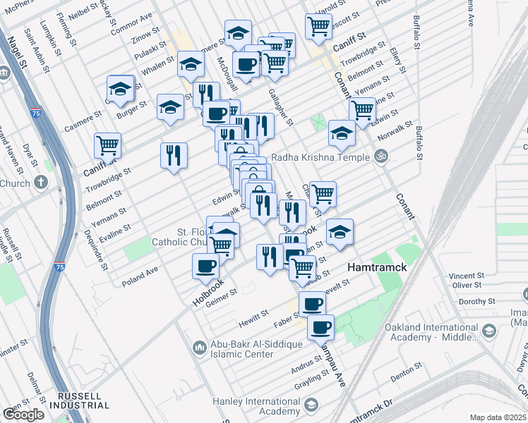 map of restaurants, bars, coffee shops, grocery stores, and more near 9459 Mitchell Street in Hamtramck