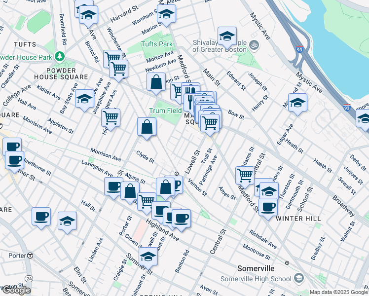 map of restaurants, bars, coffee shops, grocery stores, and more near in Somerville