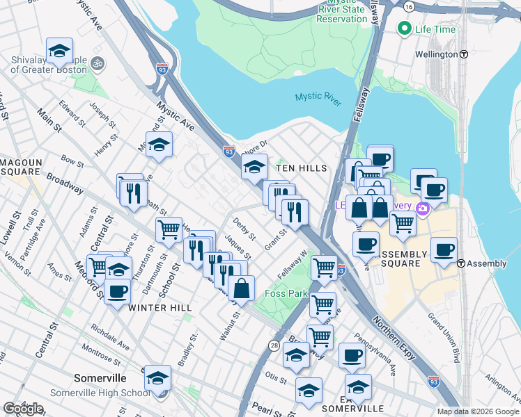 map of restaurants, bars, coffee shops, grocery stores, and more near 472 Mystic Avenue in Somerville