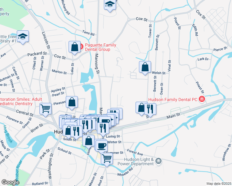 map of restaurants, bars, coffee shops, grocery stores, and more near 9 East Street in Hudson