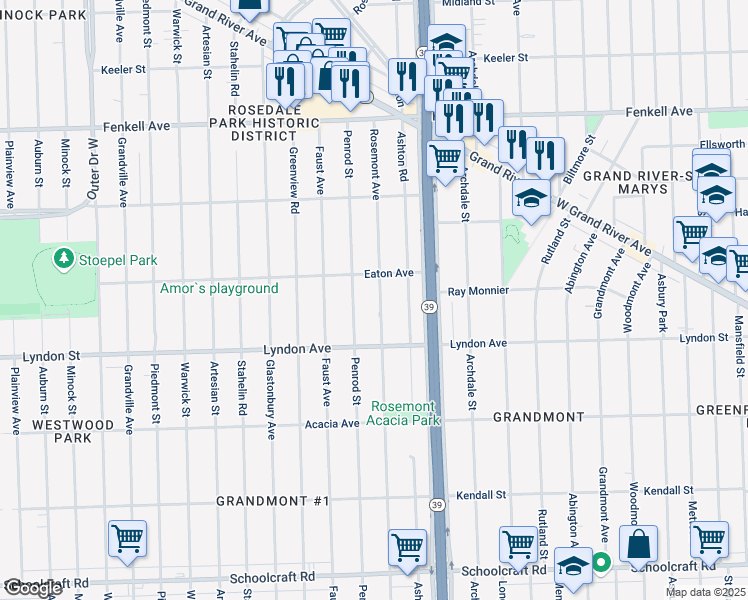map of restaurants, bars, coffee shops, grocery stores, and more near 14650 Rosemont Avenue in Detroit