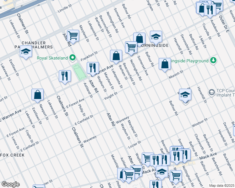 map of restaurants, bars, coffee shops, grocery stores, and more near 4721 Lakepointe Street in Detroit