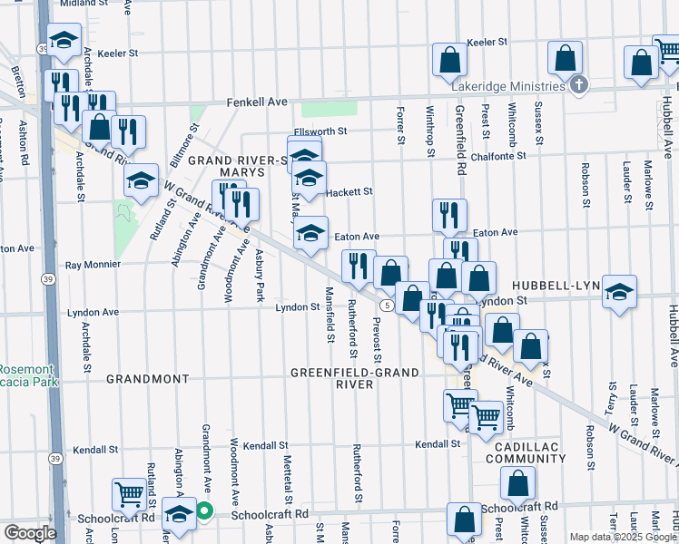 map of restaurants, bars, coffee shops, grocery stores, and more near in Detroit