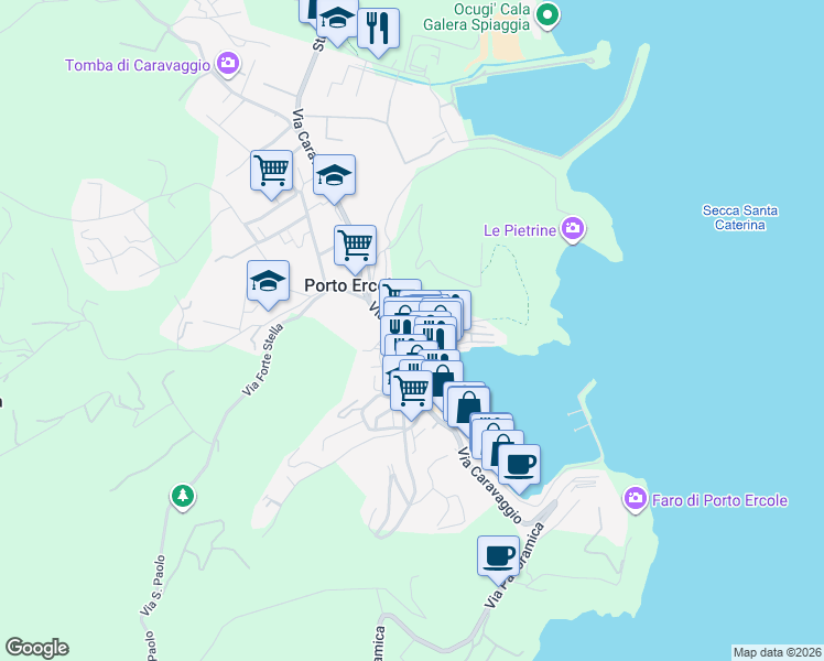 map of restaurants, bars, coffee shops, grocery stores, and more near 130 Via Caravaggio in Porto Ercole