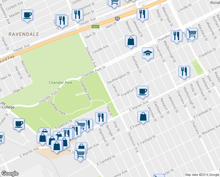 map of restaurants, bars, coffee shops, grocery stores, and more near 5286 Dickerson St in Detroit