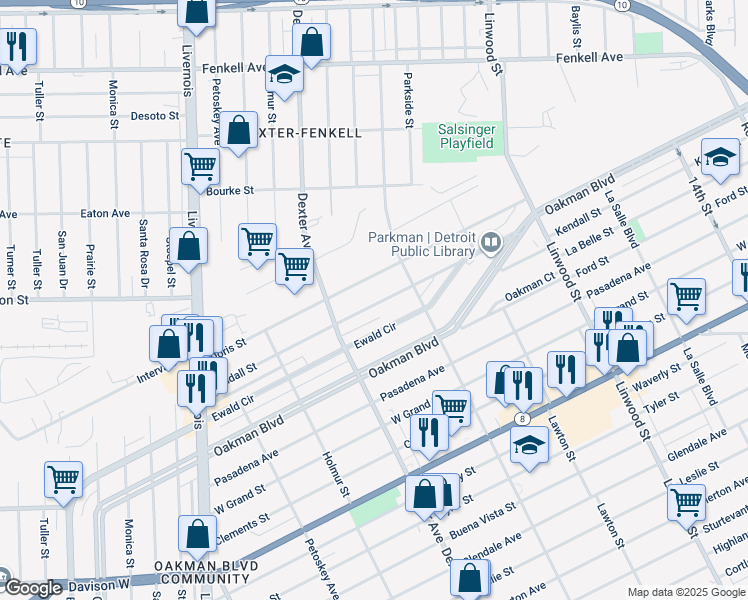 map of restaurants, bars, coffee shops, grocery stores, and more near 3288 Kendall Street in Detroit