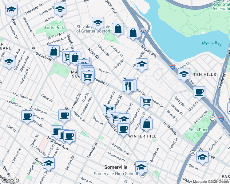 map of restaurants, bars, coffee shops, grocery stores, and more near 427A Broadway in Somerville