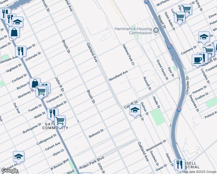 map of restaurants, bars, coffee shops, grocery stores, and more near 11646 Oakland Avenue in Detroit