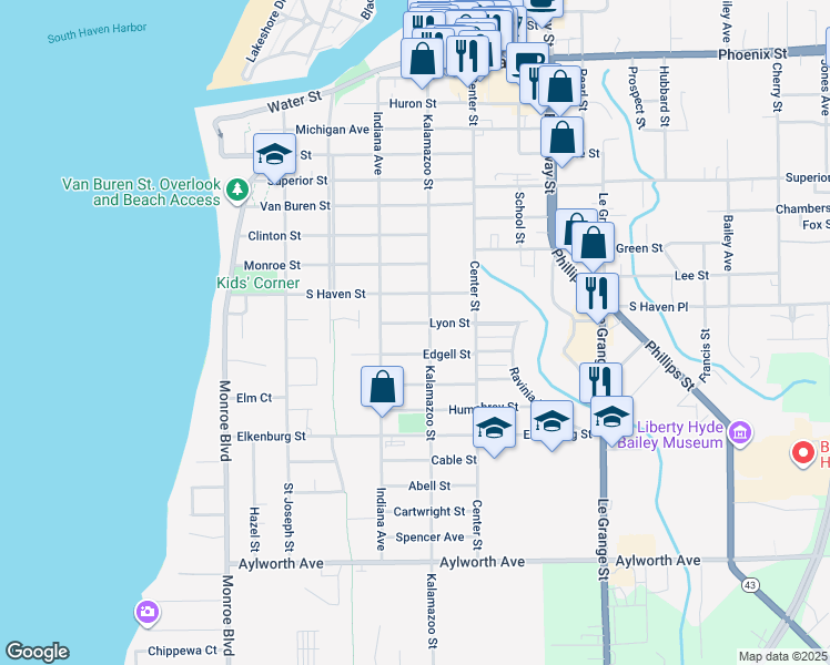 map of restaurants, bars, coffee shops, grocery stores, and more near 309 Lyon Street in South Haven