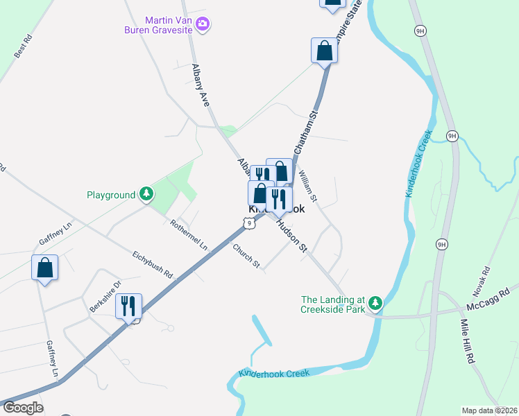 map of restaurants, bars, coffee shops, grocery stores, and more near 11 Albany Ave in Kinderhook