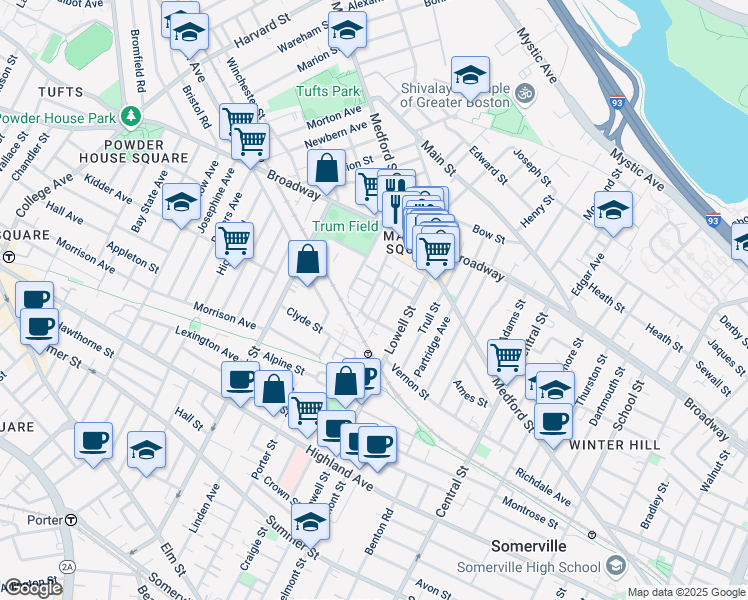 map of restaurants, bars, coffee shops, grocery stores, and more near in Somerville