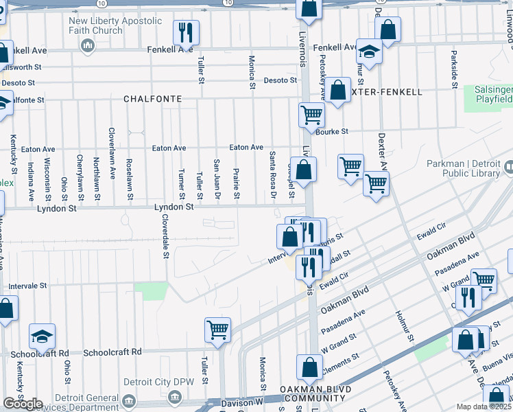 map of restaurants, bars, coffee shops, grocery stores, and more near 7298 Lyndon Street in Detroit