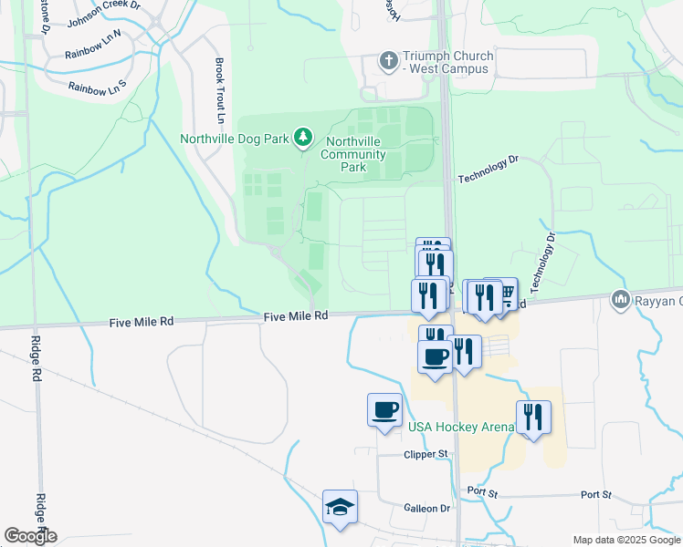 map of restaurants, bars, coffee shops, grocery stores, and more near 47924 Fieldstone Drive in Northville