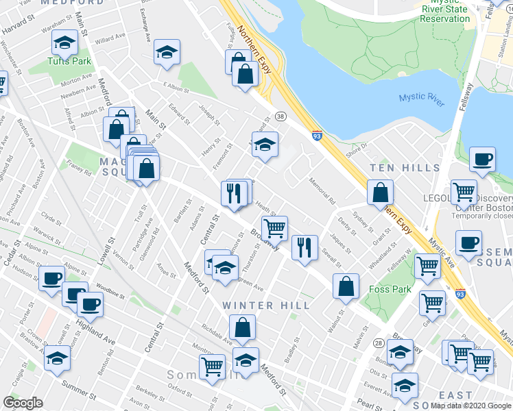 map of restaurants, bars, coffee shops, grocery stores, and more near 107 Heath Street in Somerville