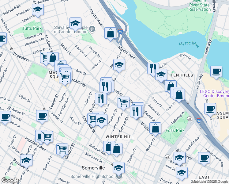 map of restaurants, bars, coffee shops, grocery stores, and more near 107 Heath Street in Somerville